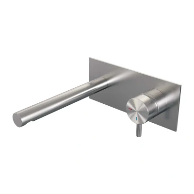 Afbeelding van Brauer Brushed Edition Wastafelmengkraan inbouw rechte uitloop links hendel kort smal afdekplaat model B 1 PVD geborsteld RVS