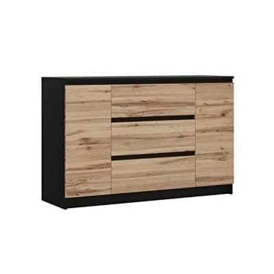 Afbeelding van 3xEliving commode met 2 deuren, 3 laden, zwart &amp; eiken wotan, L: 120 cm H: 79 cm, D: 39 slaapkamerkast volwassene kind, dressoir woonkamer, slaapkamer, opbergmeubel, kast voor