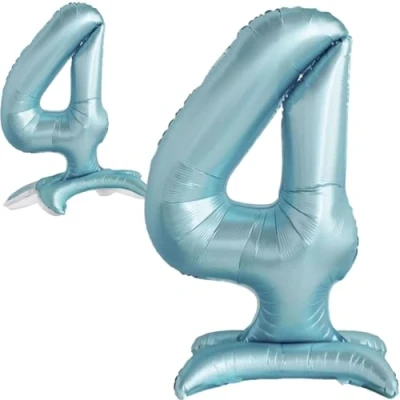 Afbeelding van Ballon 4ème Anniversaire Numéro 4 Bleu Clair Debout XXL Géant en Aluminium 82cm Décoration Garcon de Deco pour Anniversaire.