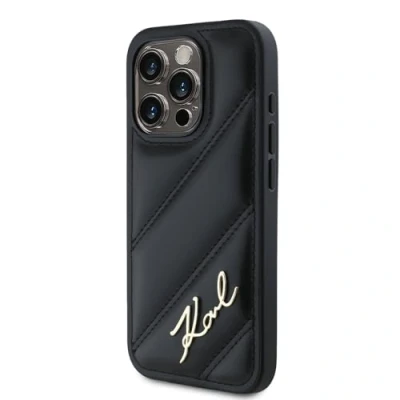 Afbeelding van Karl Lagerfeld Diagonal Quilted Script hoesje voor iPhone 15 Pro zwart