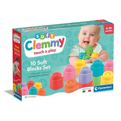 Afbeelding van Clementoni Soft Clemmy zachte bouwstenen, 10 stuks rubberen bouwstenen voor kinderen van 6 maanden, sensorisch spel, stapelbaar en wasbaar, gemaakt in Italië, 17988