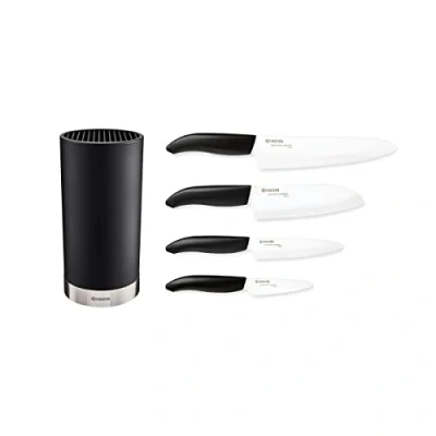 Afbeelding van Kyocera KB RD BK 4KN FK EU keramische messenset met universeel mes, Santoku mes en rond blok voor 8 messen, keramisch lemmet van zir