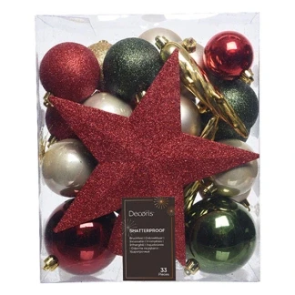 Afbeelding van Decoris Kerstballen Mix Kerstboomversiering Goud Groen Rood 33 stuks 9 Assortiment