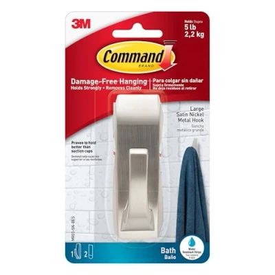 Afbeelding van Command grote moderne haak van gesatineerd nikkel voor de badkamer, 1 en 2 plakstrips, het ophangen handdoeken, badjassen andere badkameraccessoires, zonder