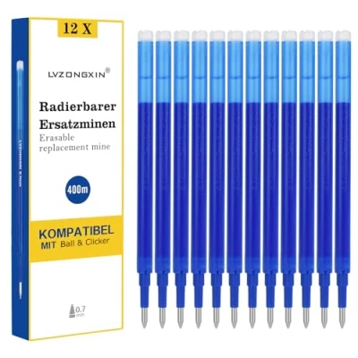 Afbeelding van LVZONGXIN uitwisbare reservevullingen, compatibel met Pilot Frixion (blauw), 0,7 mm punt, navullingen inkt (blauw) (blauw, 12)