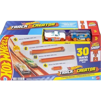 Afbeelding van Hot Wheels Track Creator JDW42 Luxe trackspel met speelgoedauto&#039;s, set twee metalen voertuigen in schaal 1:64, 7,6 m Speed Snap tracks verschillende lengtes,