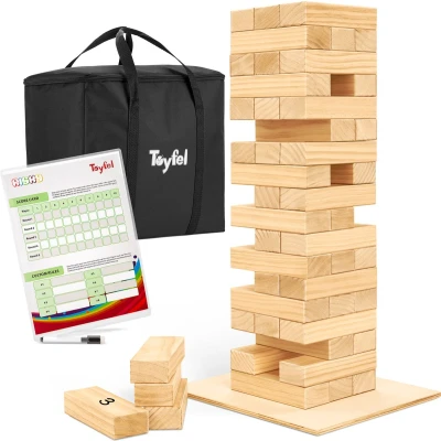 Afbeelding van Toyfel Riski Grote FSC® Houten Stapeltoren 70cm XXL 54 Stapelen Stukken met Ondersteuningsbord &amp; Scorebord Spannend Openluchttuinspel voor het Gezin
