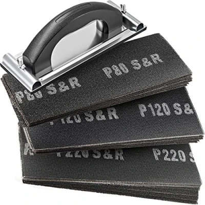 Afbeelding van S&amp;R Schuurpapier voor gipsplaten, 30 stuks (10 x P80/P120/P220) + handschuurblok. gipsplaat, hout, metaal