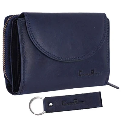 Afbeelding van Chunkyrayan Hoogwaardige damesportemonnee van echt leer, RFID bescherming, vintage, met sleutelhanger, Blauw, Vintage stijl