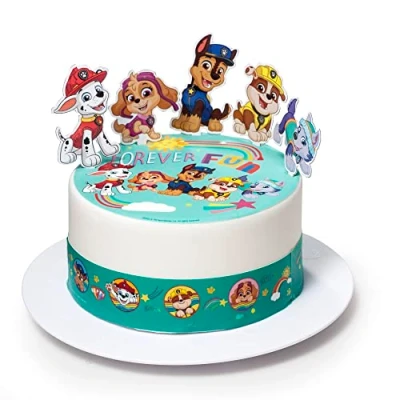 Afbeelding van Kardasis Paw Patrol thema eetbare papieren verjaardagstaartdecoratie 20 cm + 3 linten van 28 x 5 4 figuren