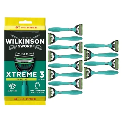 Image de Wilkinson Sword Xtreme 3 Sensitive, Pack de 8 + 4 rasoirs jetables avec une bande lubrifiante vitamine E et d&#039;Aloe Vera, optimales pour le soin la douceur du visage