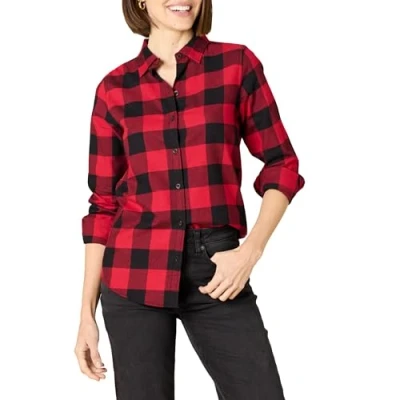 Image de Amazon Essentials Chemise en Flanelle Légère à Carreaux et Manches Longues Coupe Classique Women&#039;s, Rouge Western, XS