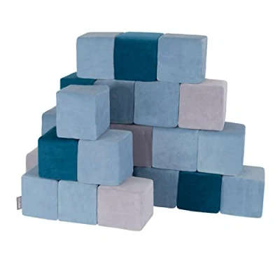 Afbeelding van KiddyMoon Velours zachte blokken voor baby&#039;s, 24 stuks, bouwkubus van schuim, 14 cm, kubussen: Laguneblauw Gletsjerblauw Berggrijs