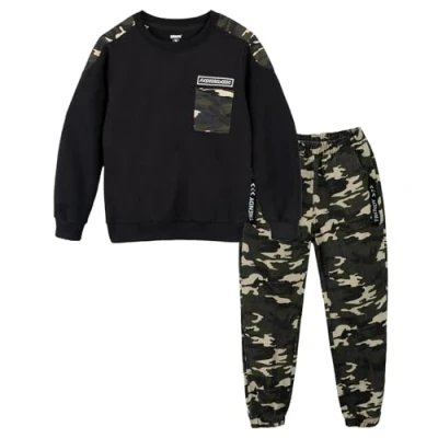 Afbeelding van Camouflage Trainingspak voor kinderen, 2 delig, T shirt met lange mouwen + Camo broek, wit, donkerblauw, zwart, groen, grijs, 4 12 jaar, zwart.