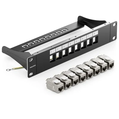 Afbeelding van deleyCON SET 8 poorten CAT7 patchpaneel modulair distributiepaneel 1 U rackinstallatie 10 inch + x Keystone CAT 7 modules LAN RJ45 Gbit/s 600 MHz installatiekabel zwart