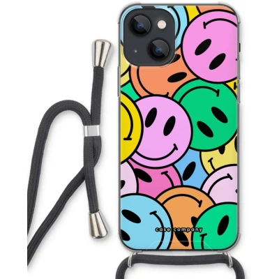Afbeelding van Case Company® hoesje met Koord geschikt voor iPhone 13 Smiley N1 Telefoonhoesje Zwart Extra Bescherming aan alle Kanten en Over de Schermrand