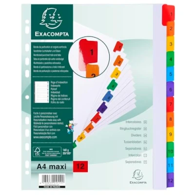 Afbeelding van Exacompta Art. 4112E Doos met 20 tabbladen van wit karton 160g/m² FSC® 12 digitale 1 tot in kleur Indexpagina bedrukbaar DIN A4 maxi formaat
