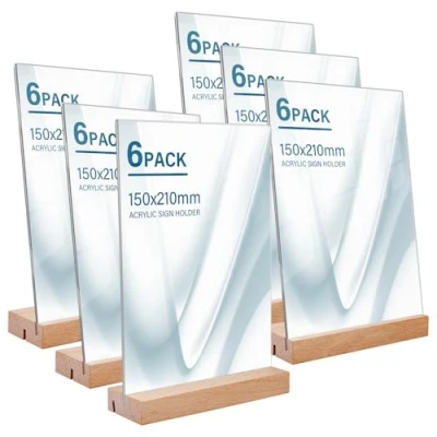 Afbeelding van A5 displaystandaard: 6 stuks tafelmenuhouder, tafelfotohouder, aktetas, verticale standaard, dubbelzijdig, A5, acryl, transparant, voor restaurant, bruiloft, kantoor