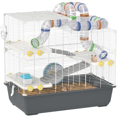 Afbeelding van PawHut Hamsterkooi met 4 verdiepingen wiel, voerbak, tunnel, bovendeur, hok voor kleine dieren, Syrische hamster, 78 x 45 73 cm, grijs