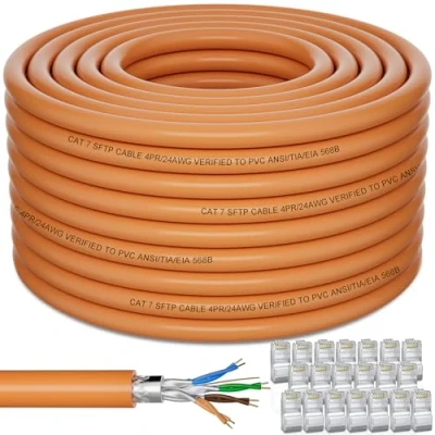 Afbeelding van Ethernet kabel, 100 m, netwerkkabel Cat 7, Bulk, lang, RJ45, afgeschermd, S/FTP, LAN hoge snelheid, 10 Gbit/s, 600 MHz, Gigabit internetkabel, buiten, PiMF LSZH 24 AWG, wifikabel, oranje,