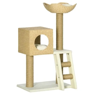Afbeelding van PawHut Arbre à chat 100,5 cm avec grotte, lit, escalier, griffoir en sisal, coussin, pour chats jusqu&#039;à 4,5 kg, naturel