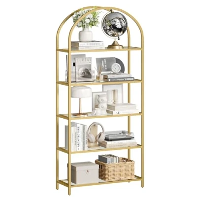 Afbeelding van VASAGLE Boekenkast met 5 niveaus, opbergrek van gehard glas, gebogen bovenkant, metalen structuur, voor woonkamer, slaapkamer, kantoor, badkamer, goud LGT050A01