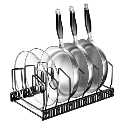 Afbeelding van Fousenuk Potdekselhouder/organizer, antislip, met 7 verstelbare vakken, voor keuken, zwart