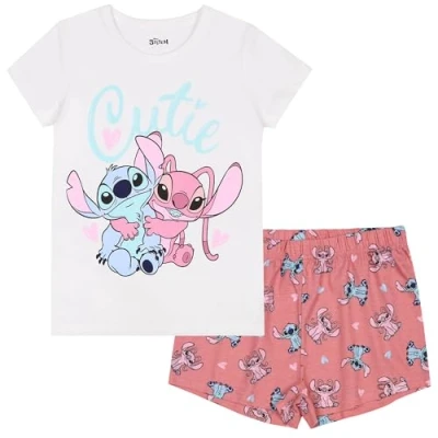 Afbeelding van DISNEY Stitch Angel Witte en roze KATOENEN meisjespyjama met korte mouwen, VOOR DE ZOMER tweedelig, 100% KATOEN, OEKO TEX