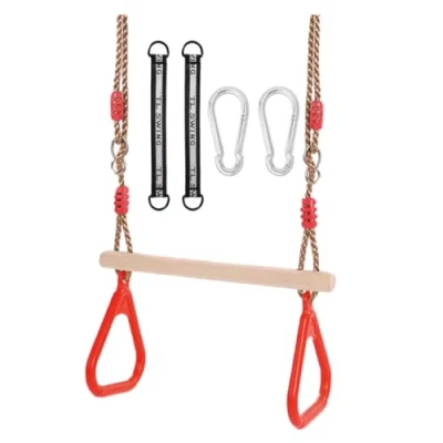 Afbeelding van Morwealth Houten multifunctionele trapeziumschommel voor kinderen, met kunststof ringen, belastbaar tot 120 kg, binnen en buiten (rood)