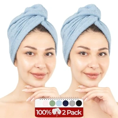 Afbeelding van Hammetex Set van 2 tulbandhanddoeken voor dames, 100% katoen, absorberend en sneldrogend, met knop, lichtblauw