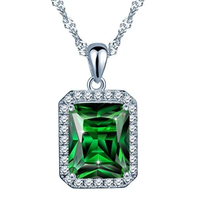 Afbeelding van Yumilok Jewelry Emerald halsketting 925 zilver en groen synthetisch kristal Het vierkant versierd met zirkoon elegant sieraad kerstcadeau verjaardag voor vrouwen meisjes Glas, Glas