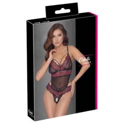Afbeelding van Kanten Stringbody Met Open Kruisje Zwart/Rood