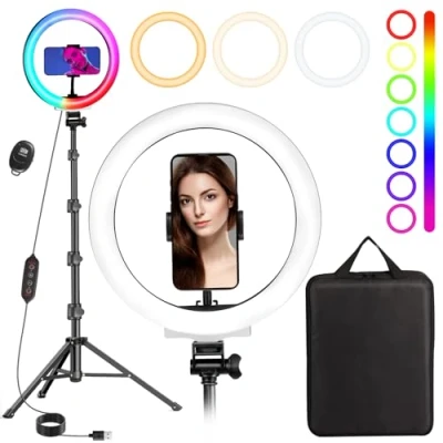 Afbeelding van MICCYE Ringlamp met statief, 10 inch selfiering, totale hoogte 180 cm, led lichtring 3 verlichtingsmodi, 26 kleuren RGB en 8 helderheidsniveaus