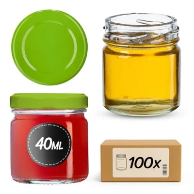 Afbeelding van KADAX Weck Set van 100 mini weckpotten, rond, met schroefdeksel, 40 ml, voor proeverijen, jam, honing, groen deksel