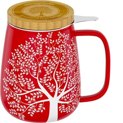 Afbeelding van amapodo Theekopje in set met zeef en deksel, grote porseleinen theekop 600 ml, XXL, plasticvrij, rood
