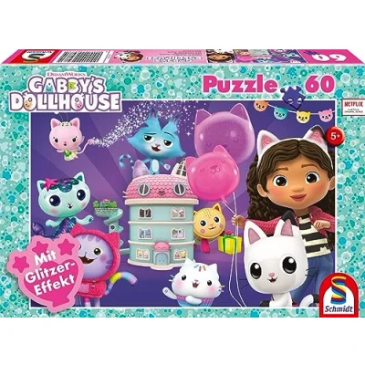 Afbeelding van Schmidt Spelletjes verjaardagsfeest in Puppenhuis, 60 delen: kinderpuzzel Gabby&#039;s poppenhuis glitzerpuzzels