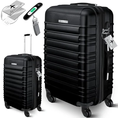 Afbeelding van KESSER® Reiskoffer met bagageweegschaal + bagagelabel trolley koffer combinatie 4 wielen ABS harde telescopische handgreep, zwart.