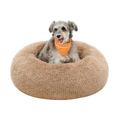 Afbeelding van Feandrea Hondenmand, rond bed, in donutvorm, zetel, centraal kussen, afneembaar en wasbaar, zacht pluche, Ø 70 cm, camel bruin PGW039K01