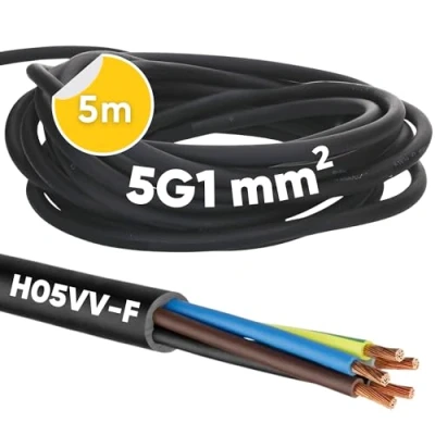 Afbeelding van Kalitec H05VV F Slangkabel 5 m x 1 mm² I stroomkabel 5G1 met beschermgeleider PVC kabel voor binnen zwarte elektrische flexibele lampkabel