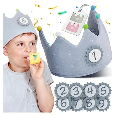 Afbeelding van NeLi Verjaardagskrans voor kinderen, chiffon met cijfers van 1 tot 9, jongens en meisjes, stoffen krans in drie kleuren (blauw grijs)
