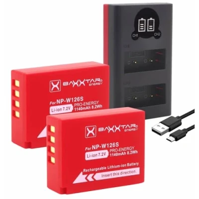 Afbeelding van Baxxtar Pro (2X) vervanging voor batterij Fujifilm NP W126s (NP W126) met Mini 18612 LCD DUAL lader (ingang USB C en MicroUSB)