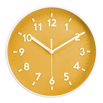 Afbeelding van Topkey 20 cm stille wandklok gemakkelijk af te lezen grote cijfers niet tikken stijlvolle ronde klok decoratief voor keuken thuis eetkamer kantoor geel