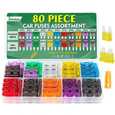 Image de Bolatus Lot de 80 fusibles pour voiture, mini et moyen, assortis, kit 2 A, 3 5 7,5 10 20 25 30 35 40 fusible camping car, camion, moto + extracteurs