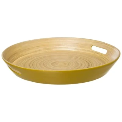 Afbeelding van Dienblad/serveerblad rond D42 cm bamboe okergeel met handvaten Serveerbladen, dienbladen &amp; keukenbenodigdheden