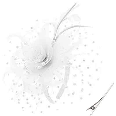 Afbeelding van DRESHOW Fascinator hoed veer bruiloft dames dag hoofdband en clip cocktail thee party voor meisjes vrouwen, 1 x dikte: wit