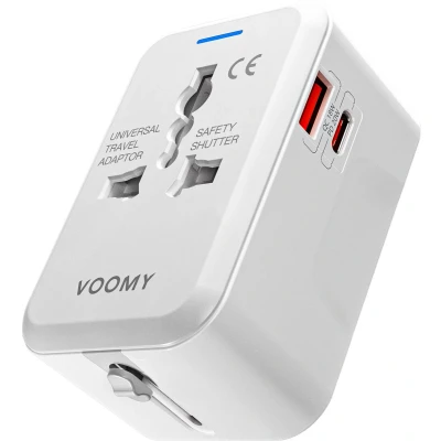 Afbeelding van Voomy Universele Wereldstekker 170+ landen 3 USB C &amp; 2 A Poorten Reisstekker Wereld: Amerika (USA), Engeland (UK), Australië, Zuid Amerika, Afrika, Italië, Thailand Wit