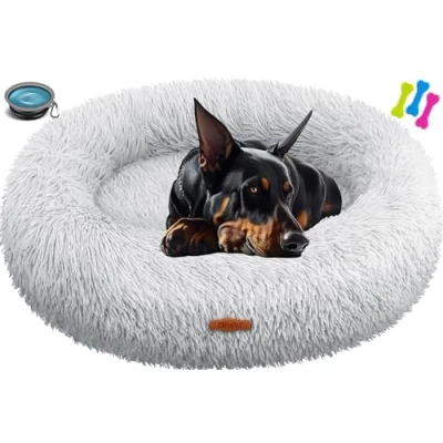 Afbeelding van LOVPET® Hondenbed / Hondenmand Hondenkussen Kattenbed Bagel, Afwasbaar, Incl. Kom + 3x Kauwbotjes, Hondenbank Pluche Kussen Rond Voor Kleine, Middelgrote &amp; Grote Honden, Katten 4XL (120 x 120 cm), Lichtgrijs