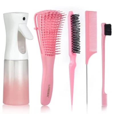 Afbeelding van LORSEX Haarborstel met spuitfles, 200 ml, ontwarrende borstel voor afro 3a tot 4C haar, verward, golvend, krullend 3 crêpeborstels, dubbele rand (roze)
