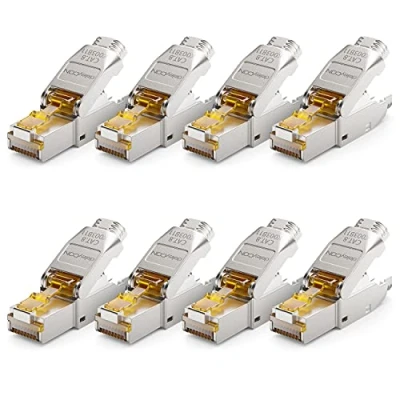 Afbeelding van deleyCON 8 x CAT netwerkstekker RJ45 zonder gereedschap 40 Gbit/s afgeschermd, voor stijve installatiekabels, ruwe kabel, RJ45, ethernet, LAN DSL patchkabel