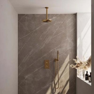 Afbeelding van Brauer Gold Carving Regendoucheset inbouw hoofddouche 20cm plafondarm 2 functies inclusief inbouwdeel handdouche Staaf 1 stand PVD